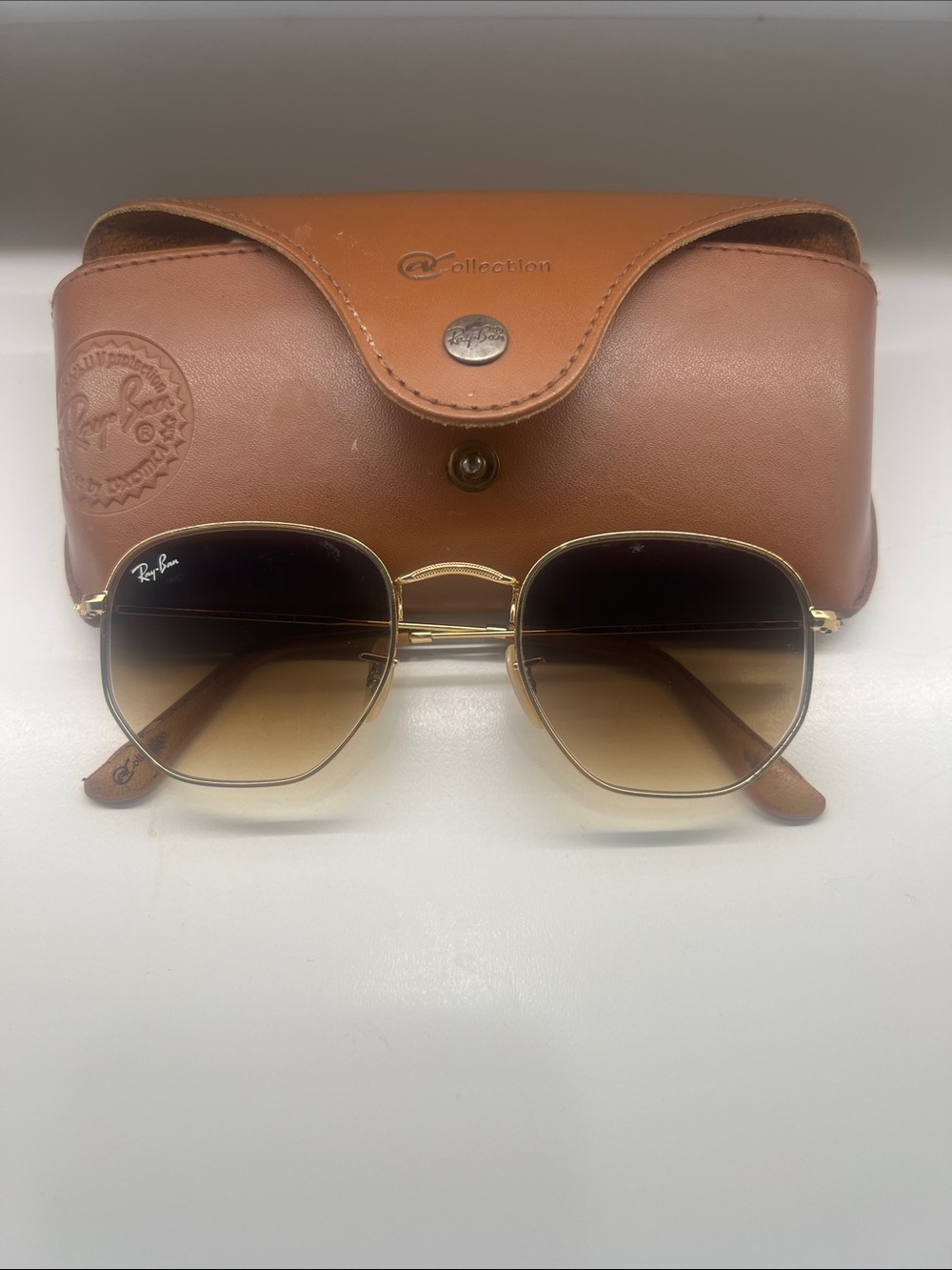 Ray-Ban Gold Frame Brown Sunglasses with Leather Case Hexagon Flat lenses